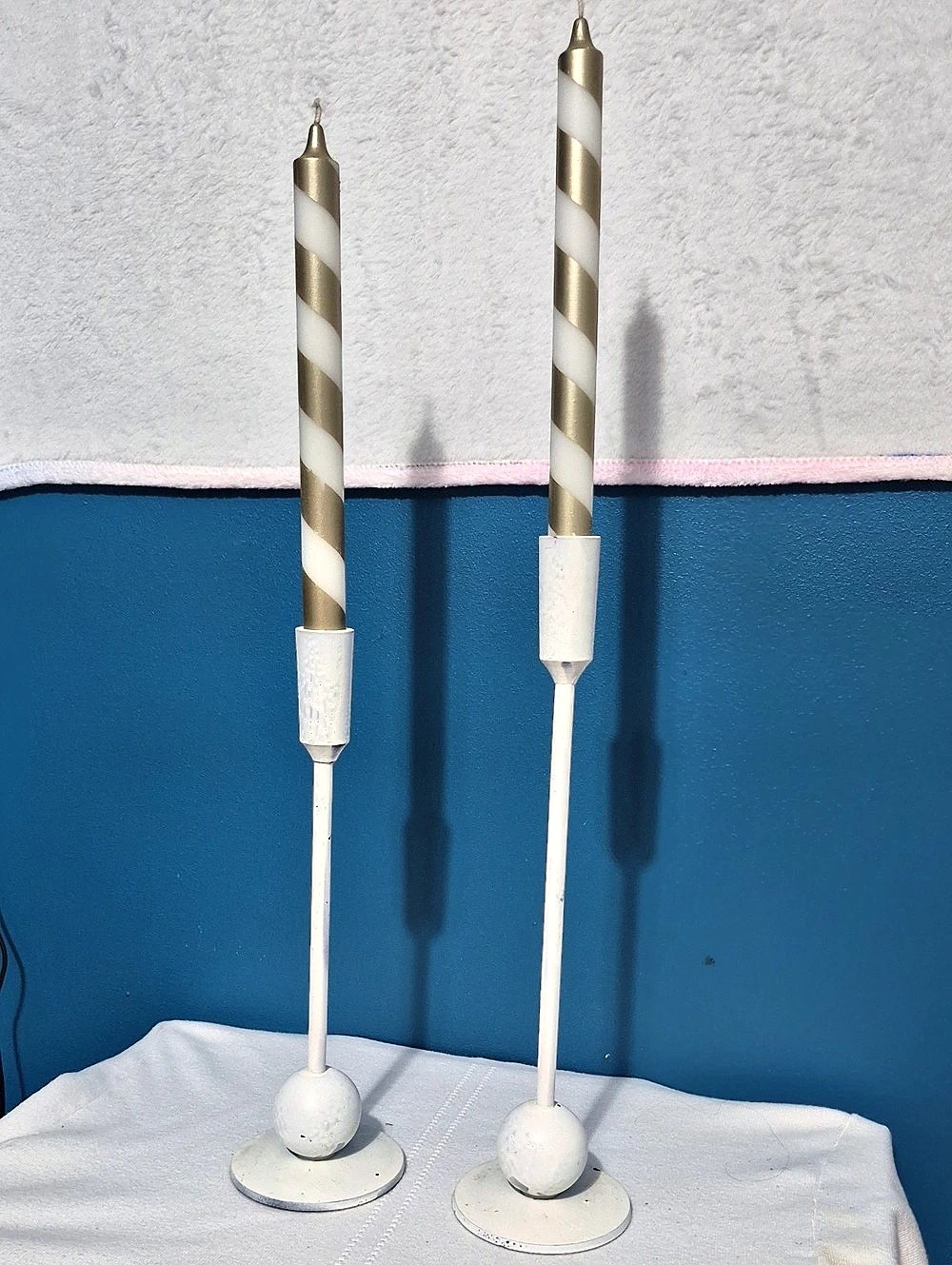 Decorative White & Gold Taper Candle Holders Set of 2